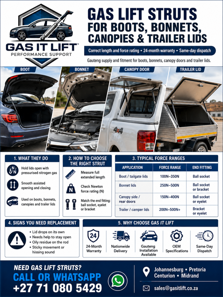 Gas Lift Struts for Boots, Bonnets, Canopies & Trailer Lids