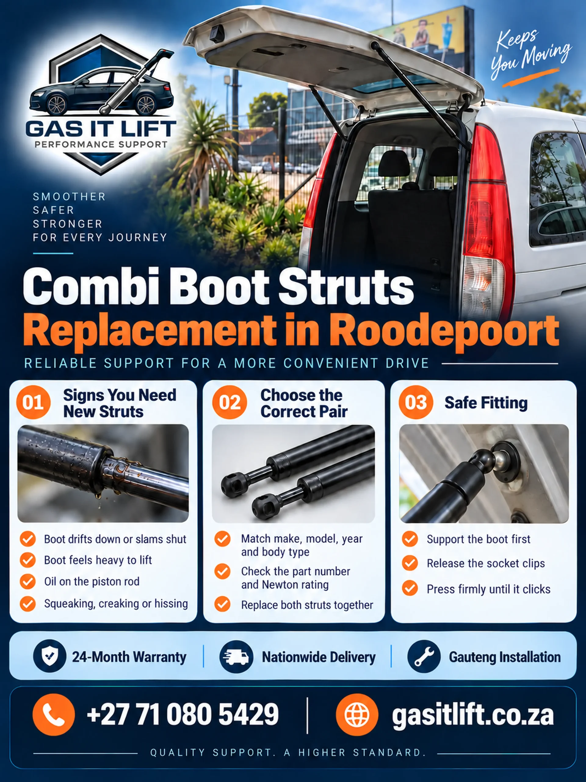 Combi boot struts replacement signs, selection and safe fitting infographic